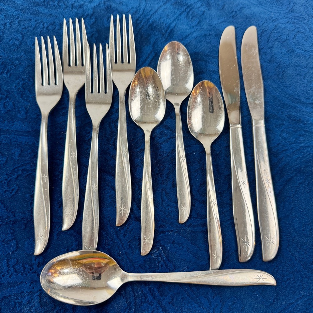 Vintage Oneida Community Twin Star Stainless Flatware 10pc MCM Starburst 1959